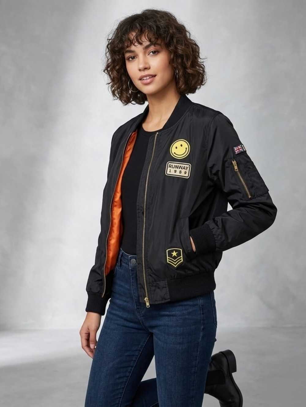 Love Tree Black Stylist Cute Bomber Jacket with Orange Lining and Yellow Patches